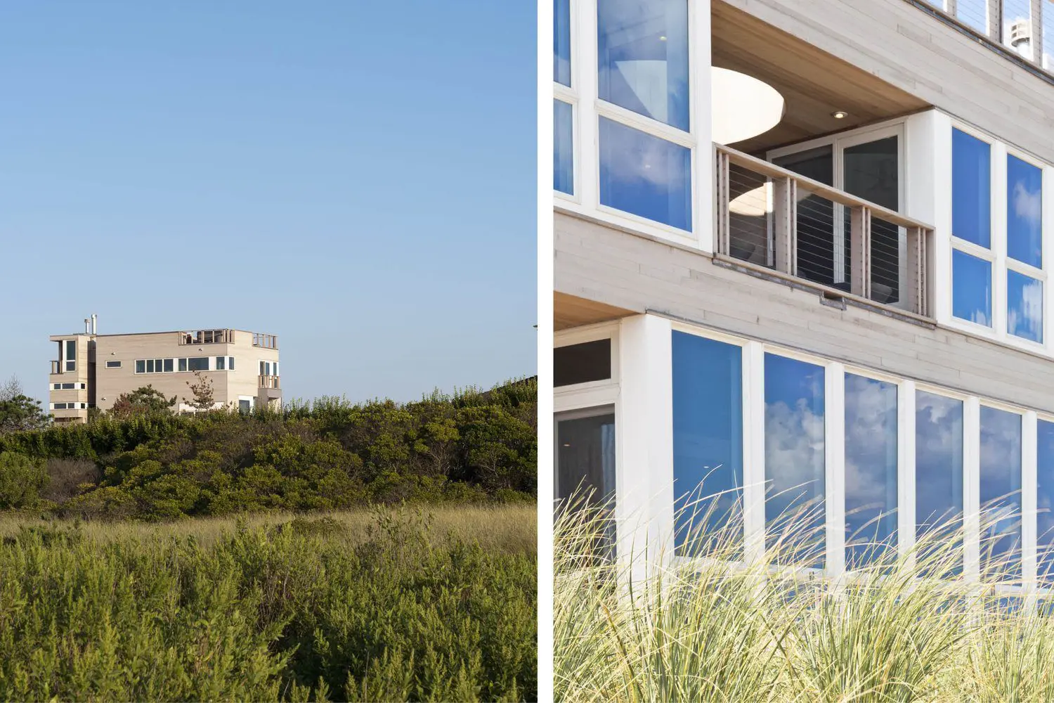Modern beach house with large windows overlooking dunes under a clear blue sky.