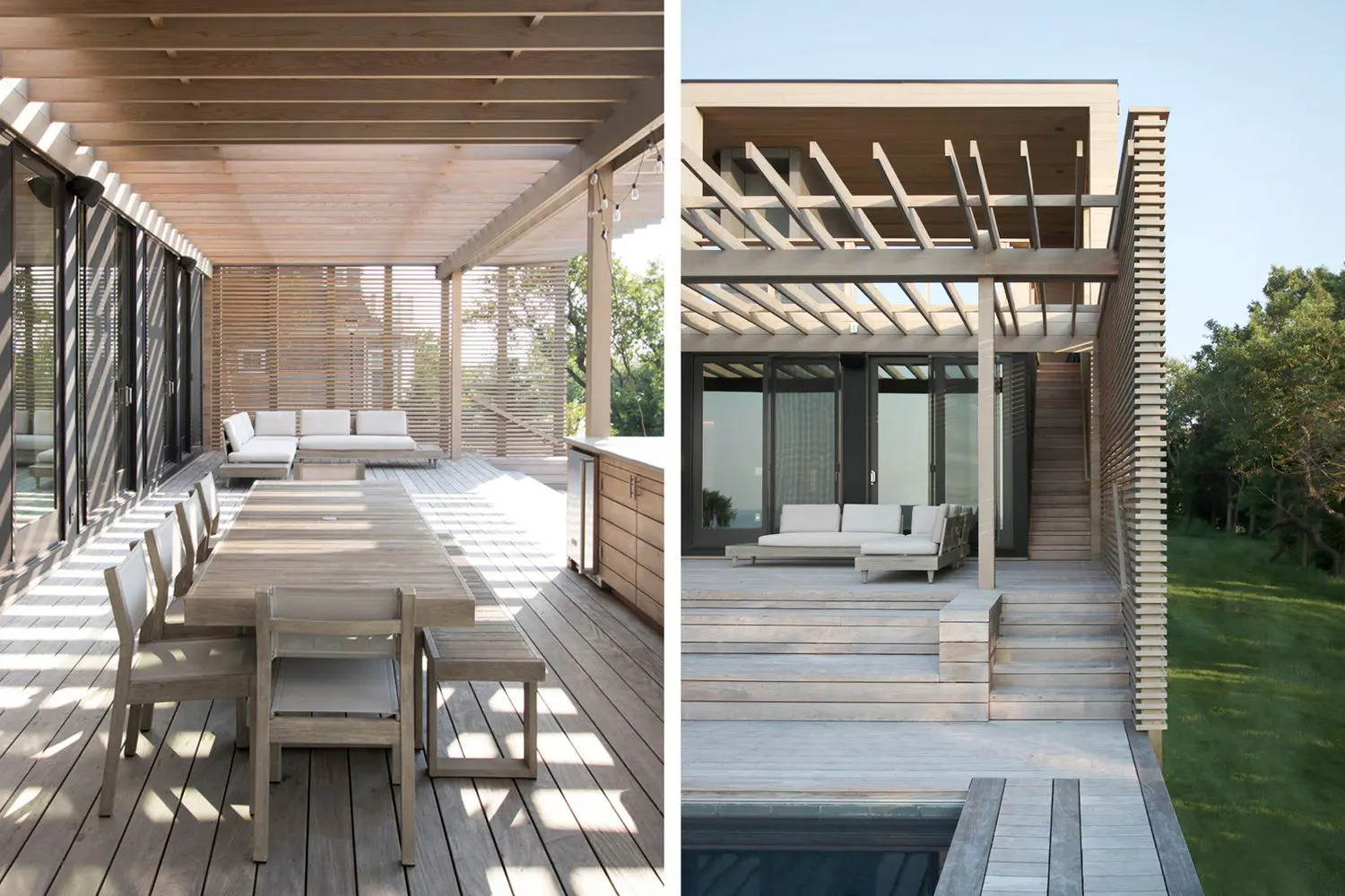 Modern outdoor dining and lounge areas with wooden pergolas and comfortable seating.