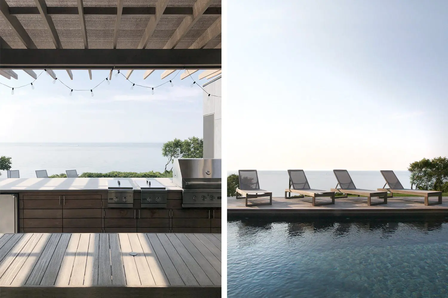 Modern outdoor patio and pool area with serene water views.