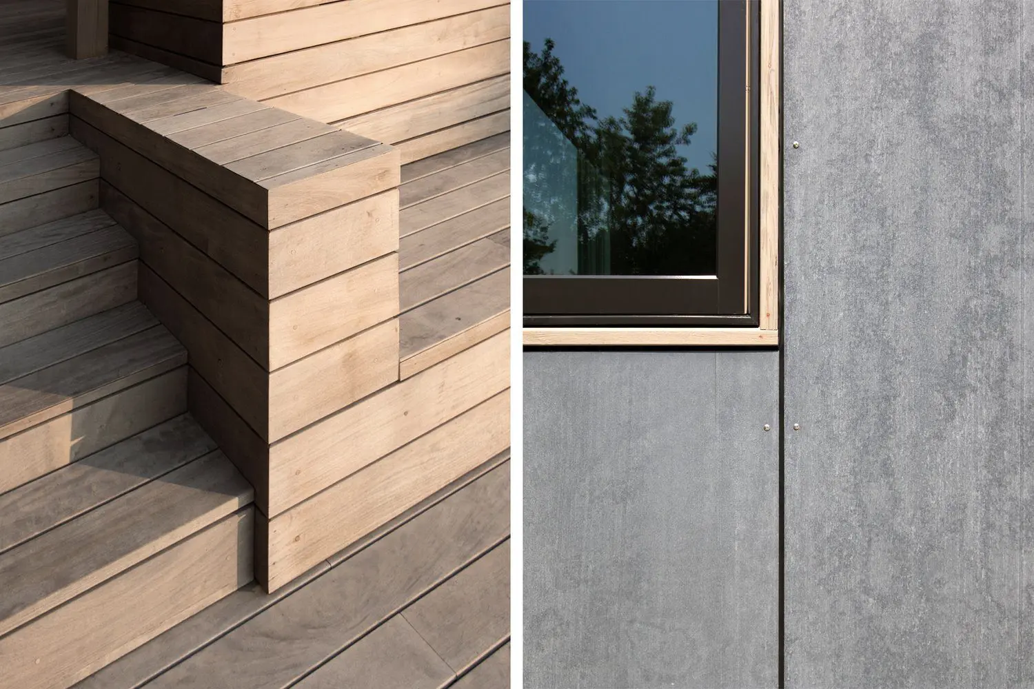 Modern architectural details with wood and concrete textures.