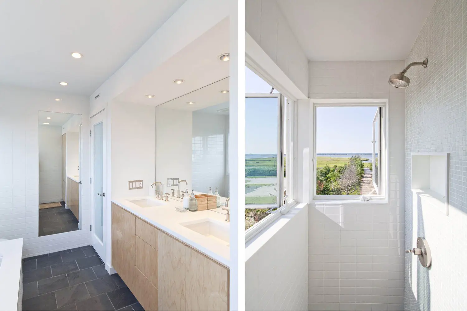 Bright, modern bathroom with large windows and light wood cabinetry.