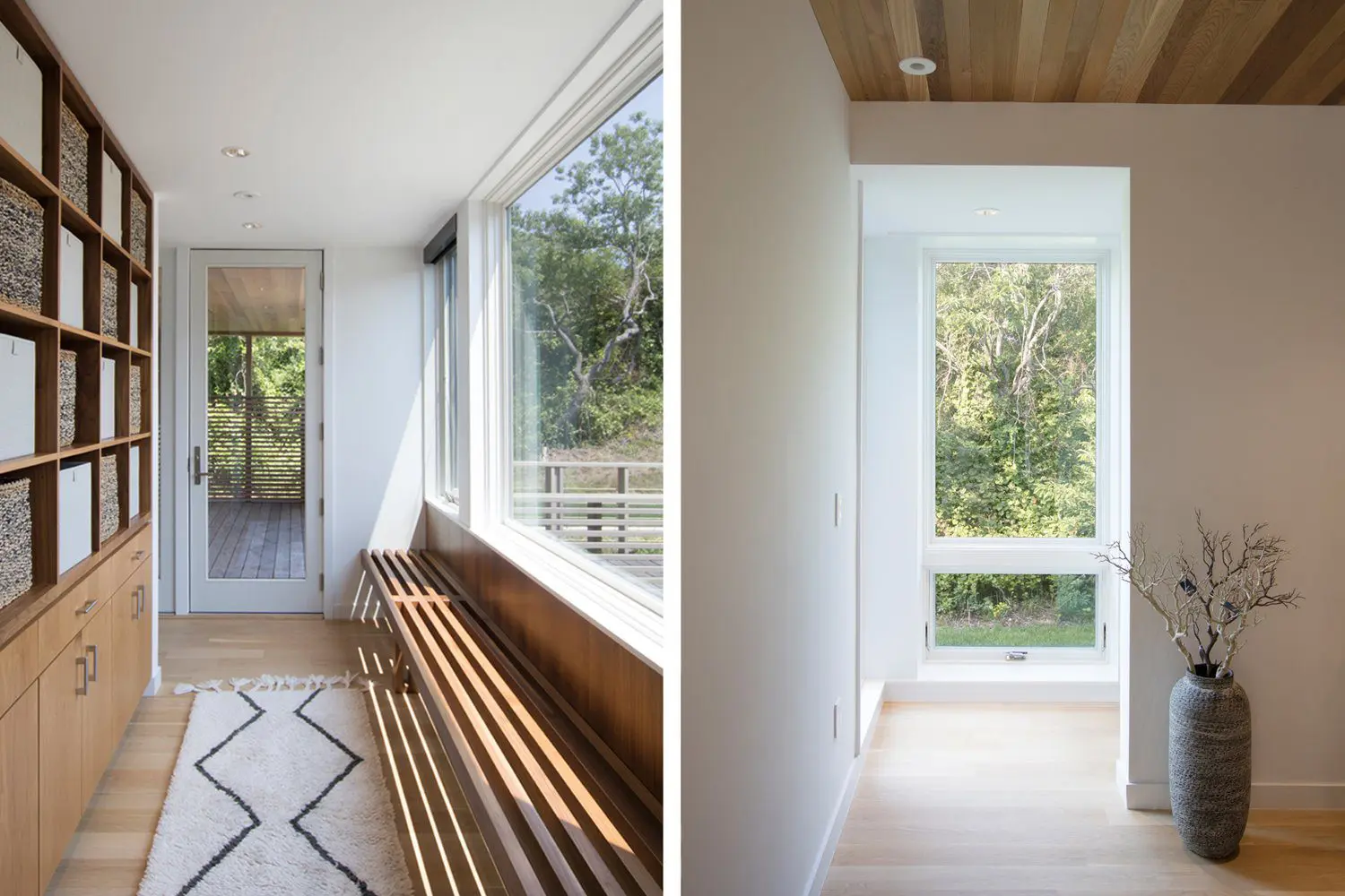 Modern interior with large windows and wooden bench seating.