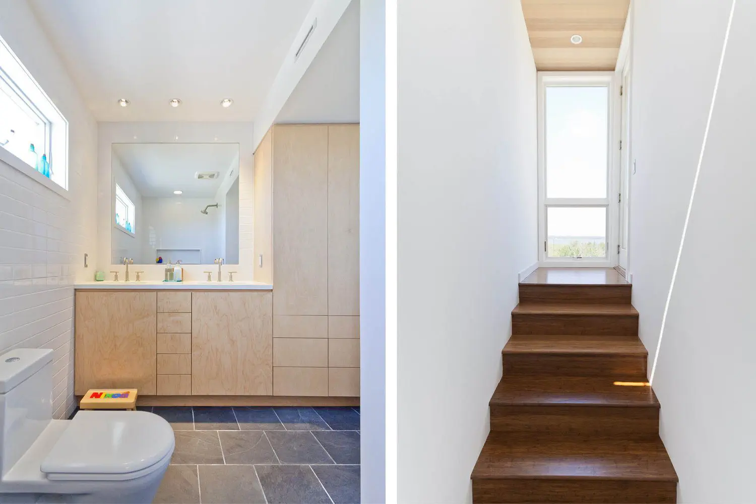 Bright modern bathroom with maple vanity and mirror