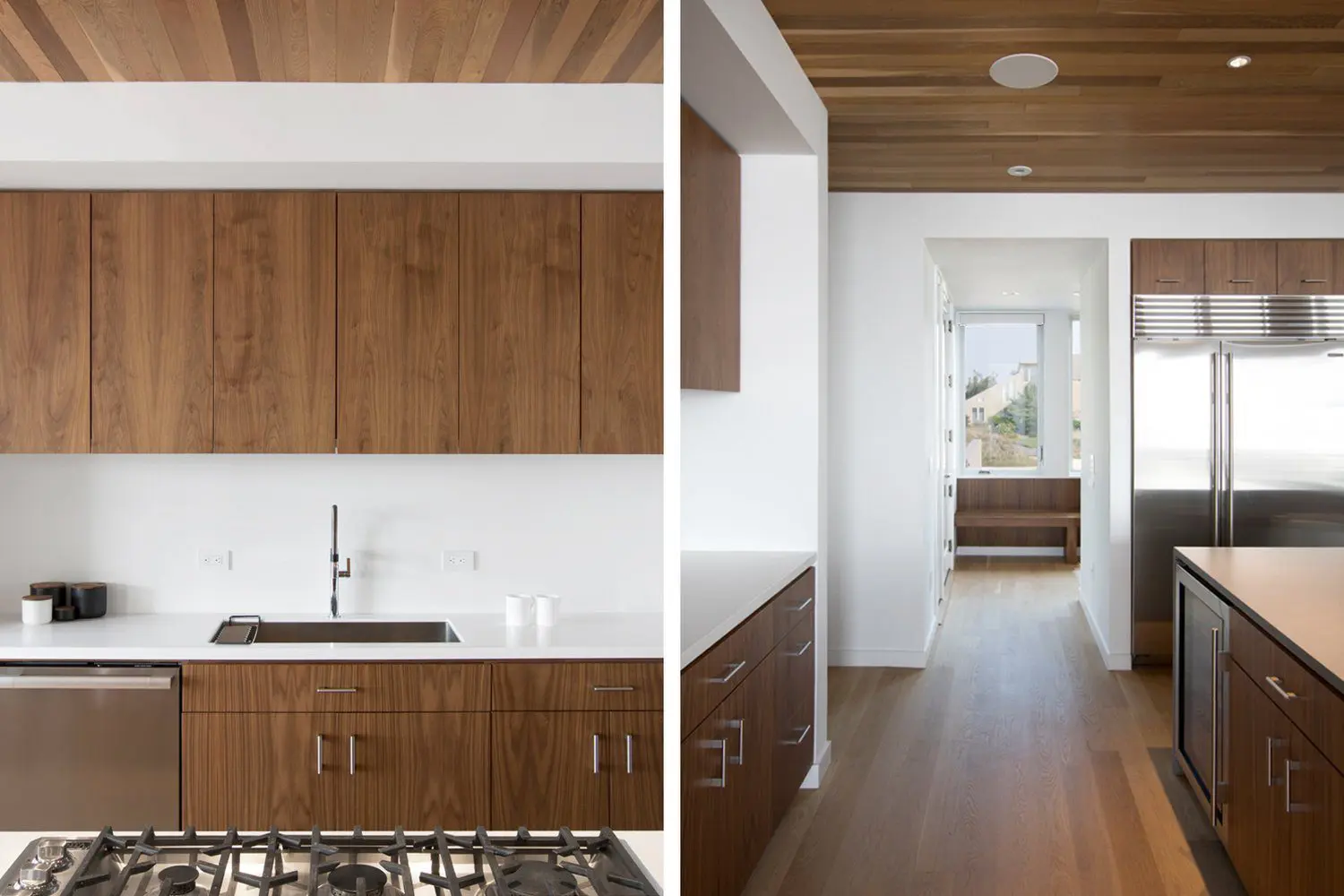 Modern kitchen with wooden cabinetry and white countertops.