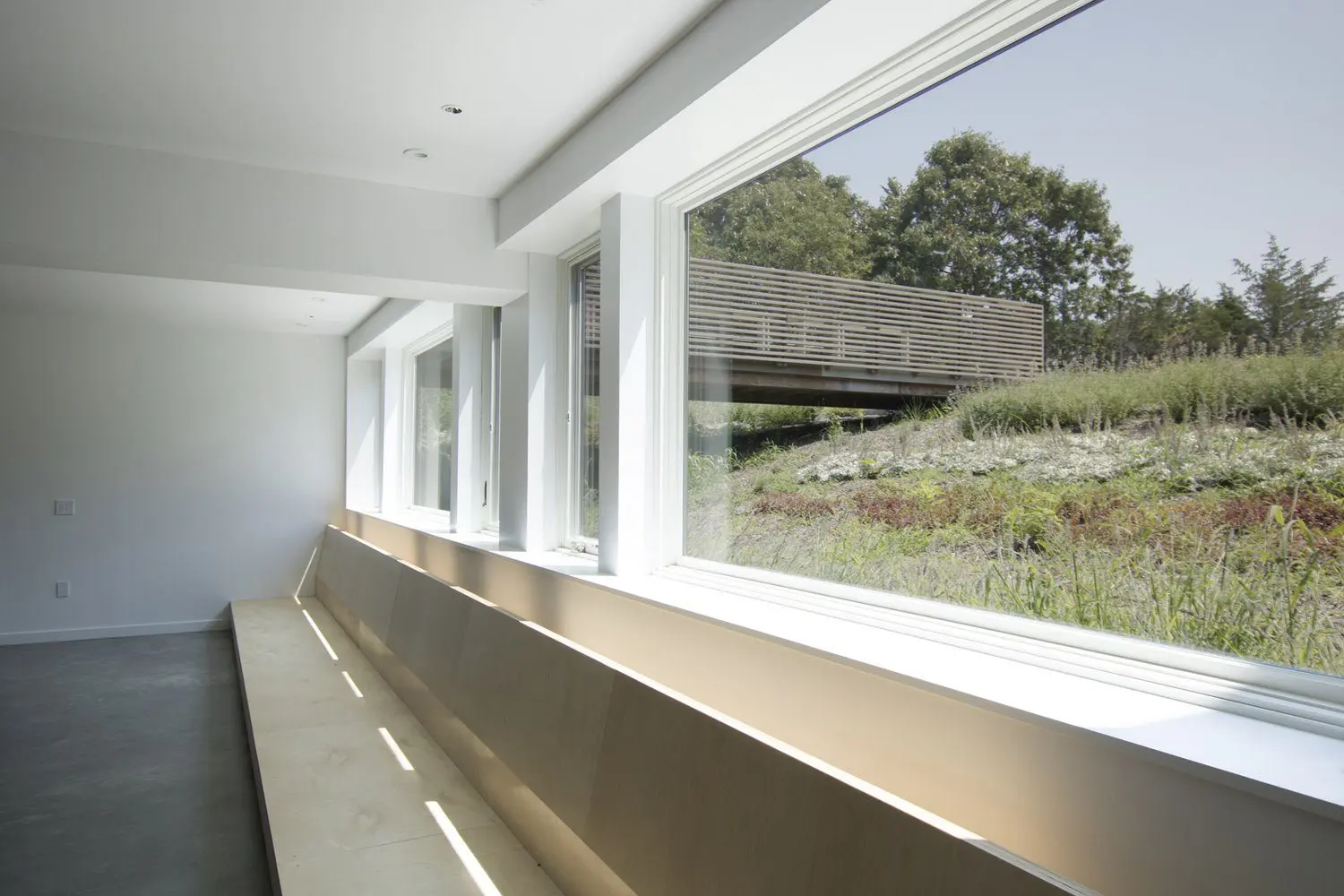 Bright corridor with large windows overlooking greenery outside.