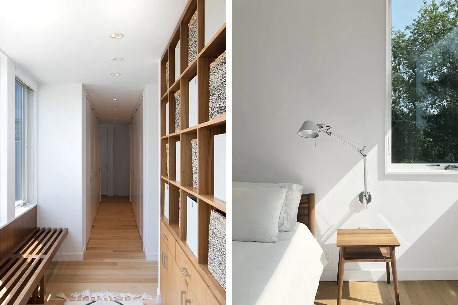 Minimalist hallway with wooden shelves and modern bedroom with white bedding.