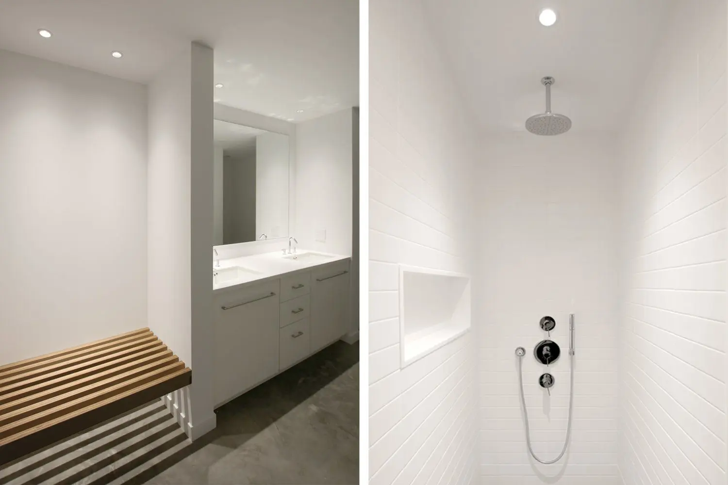 Modern minimalist bathroom with white cabinetry and sleek shower area.