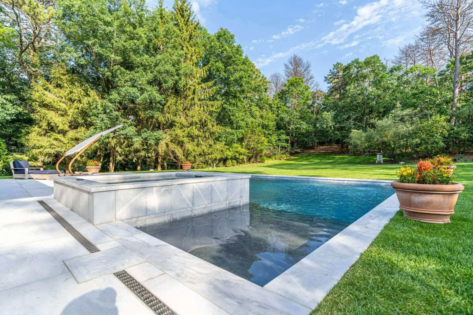 Modern backyard pool with clean lines and lush greenery.