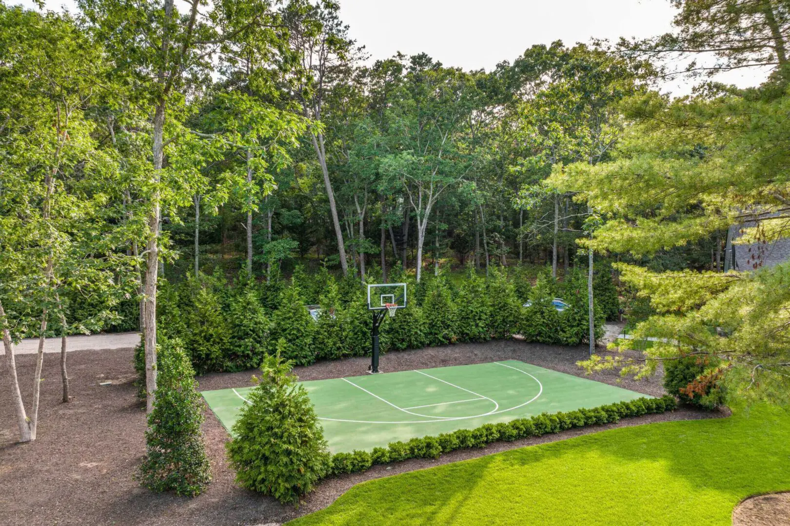 A backyard basketball court surrounded by lush greenery and trees.