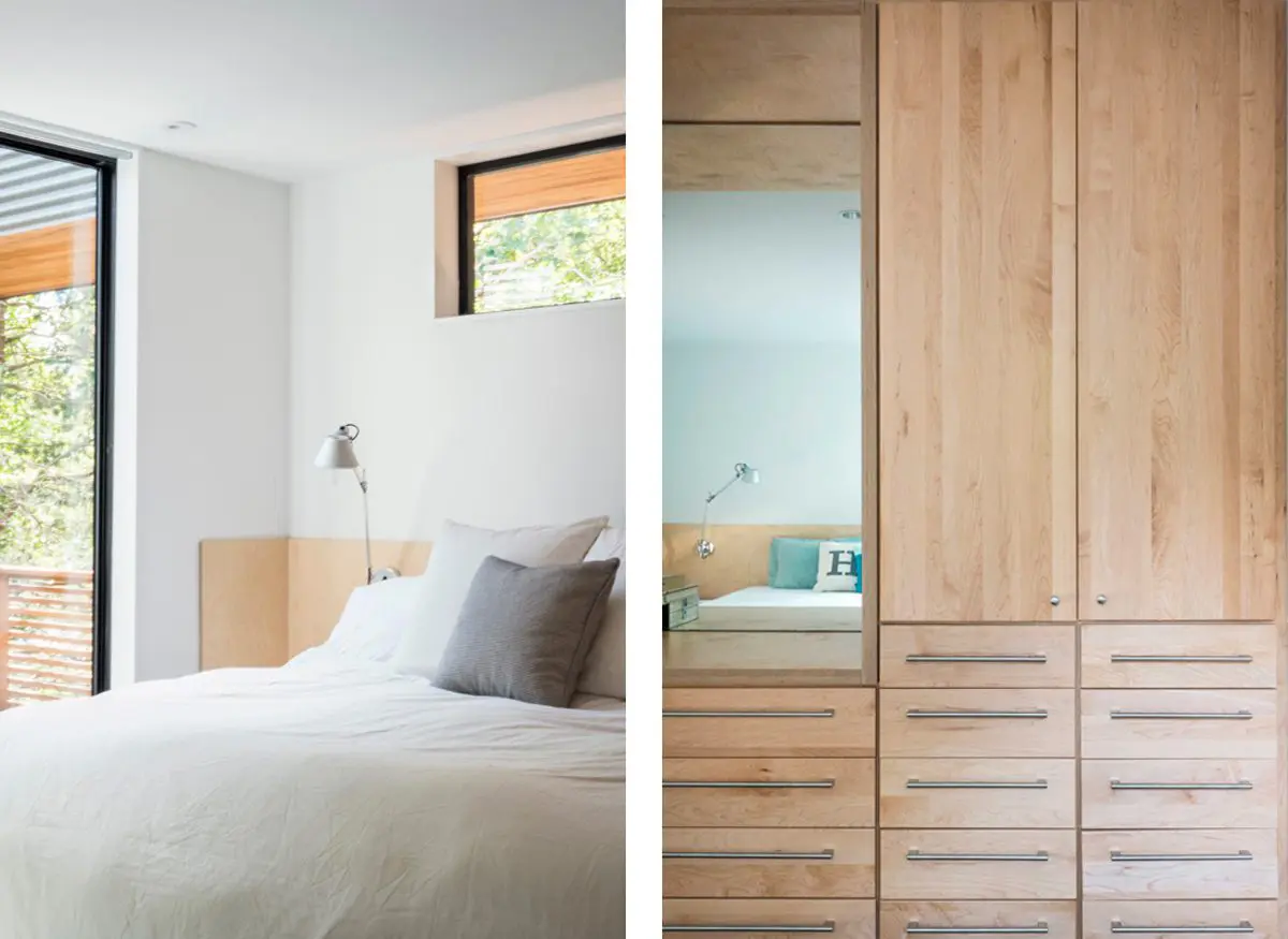 Bright bedroom with wooden furniture and a cozy bed.