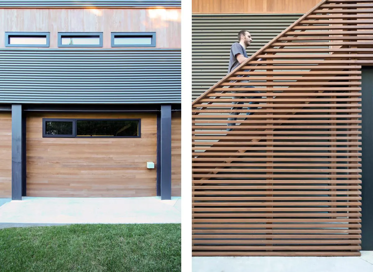 Modern house exterior with wood paneling and outdoor stairs.