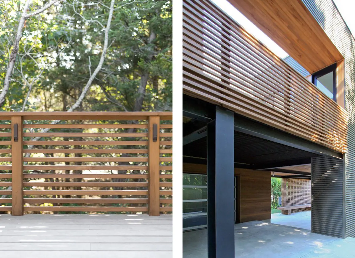Modern wood slat fence and elevated deck with wooden railing in a natural setting.