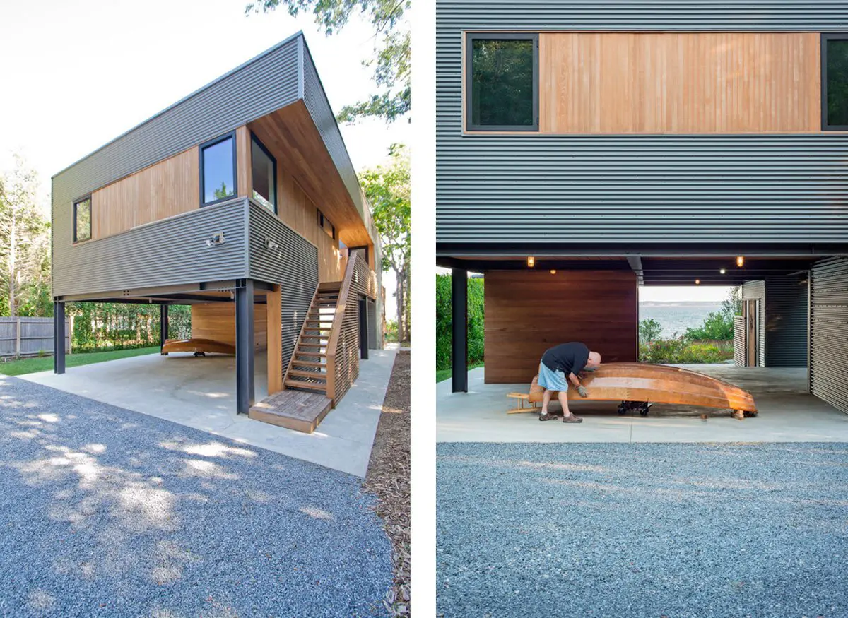 Modern architectural home with cantilevered design and wooden accents.