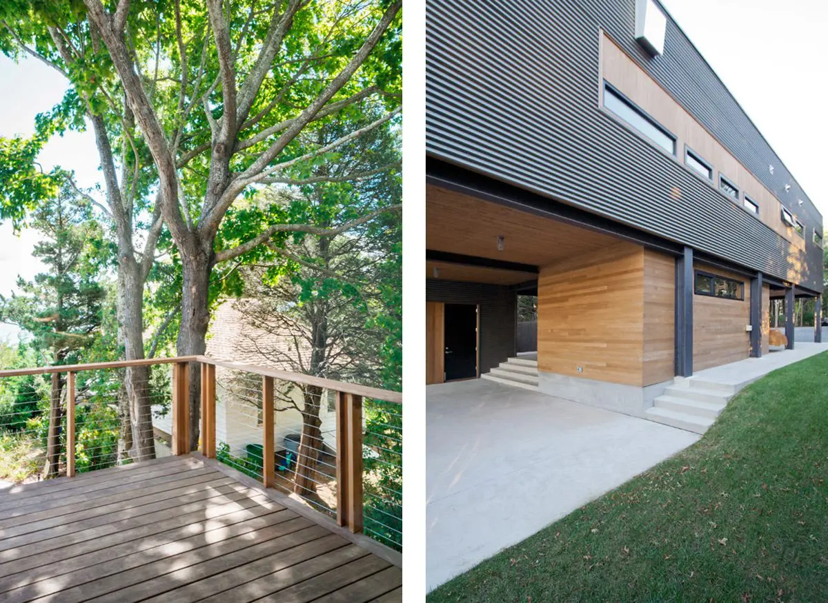 Modern home exterior with wooden deck and green yard.