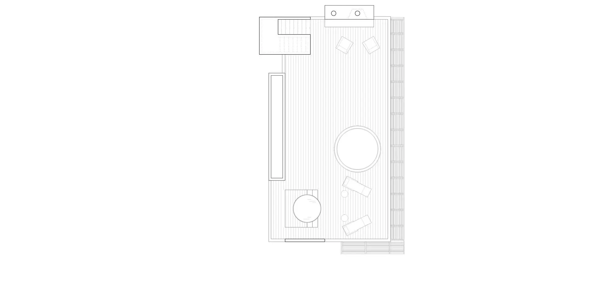 Top-down view of a minimalist room layout with furniture and fixtures.