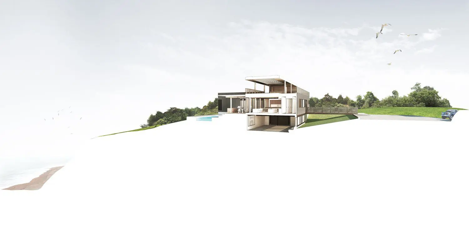 Modern hillside house with large glass windows and a sleek design.