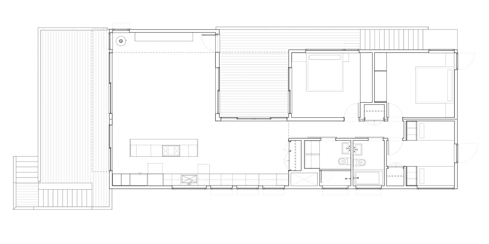 Architectural floor plan of a building showing room layouts and furniture placement.