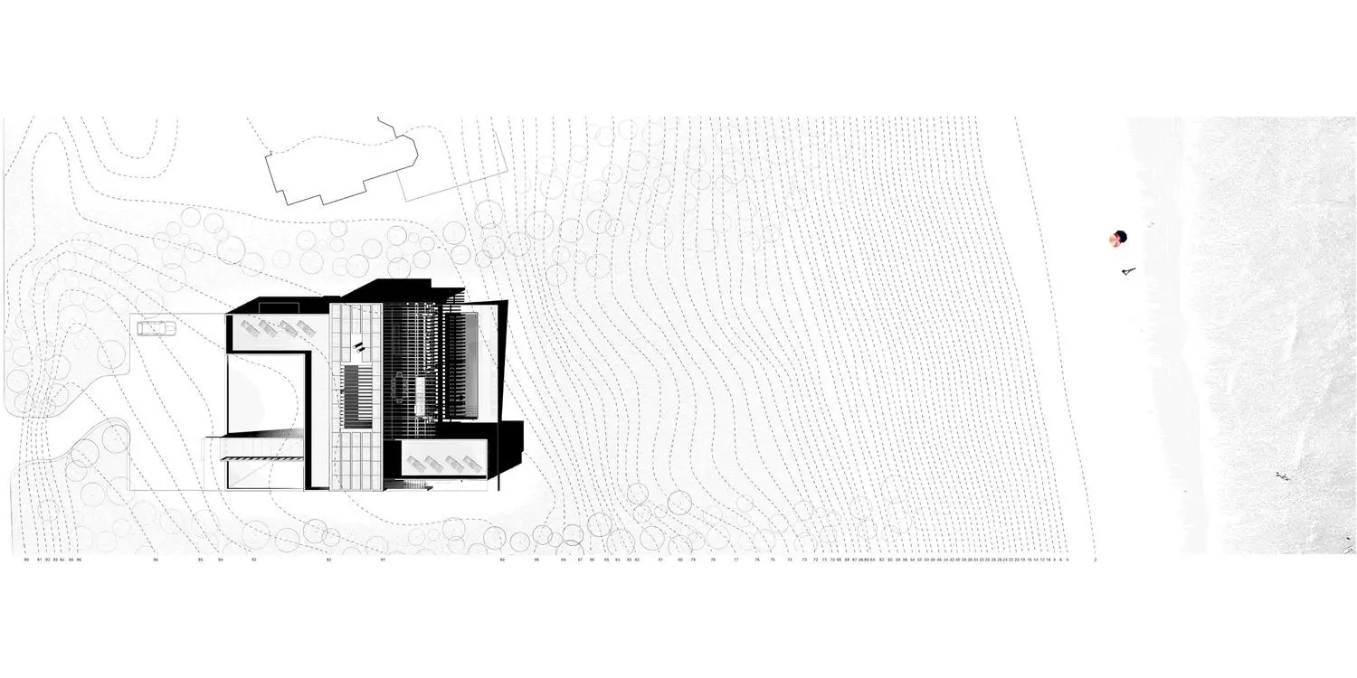 Architectural floor plan with a detailed building section on the left.