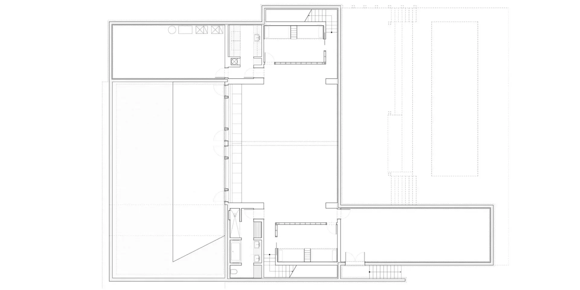 Architectural floor plan of a building section with rooms and dimensions.